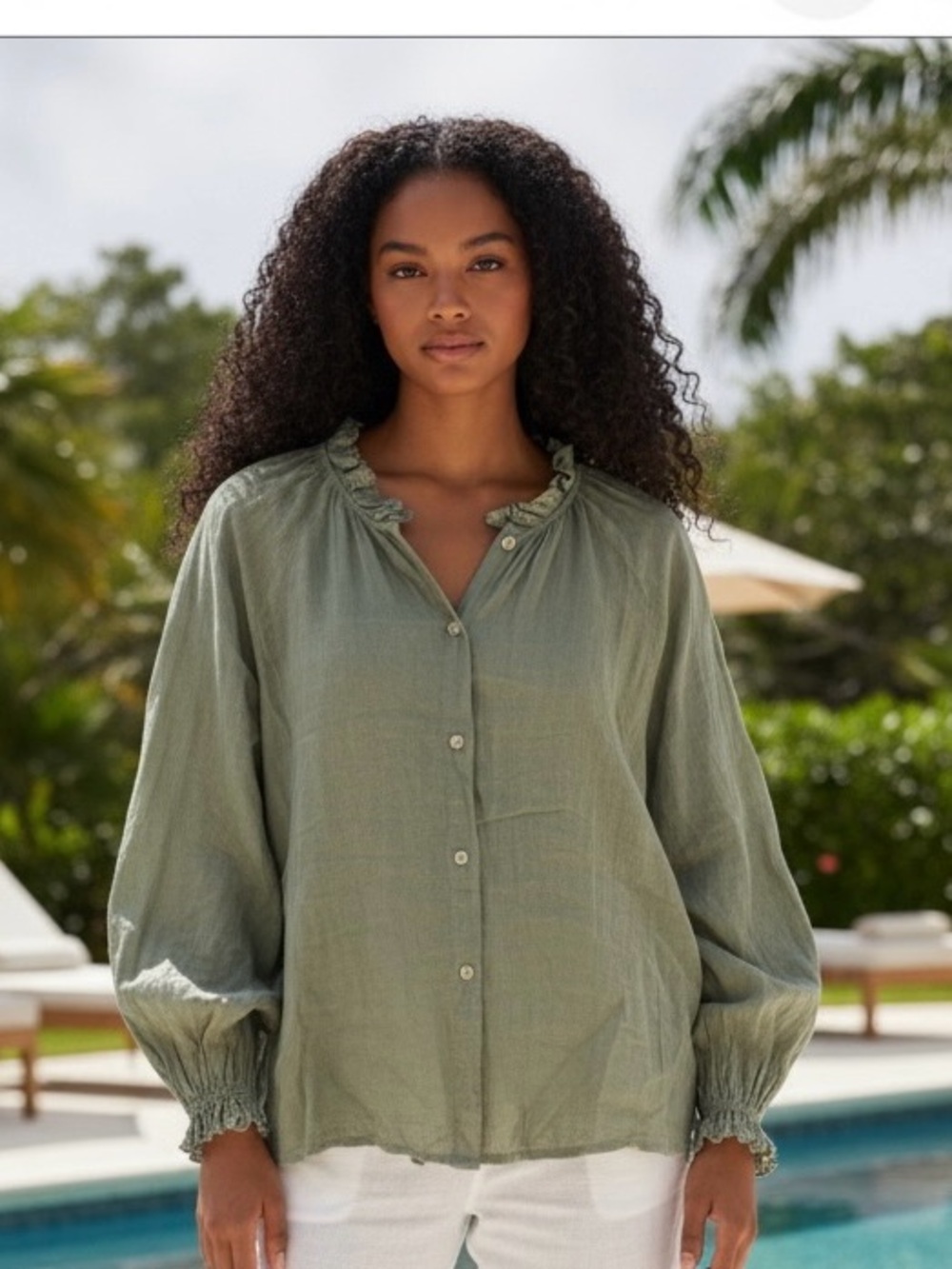 Light Sage Button-Down Blouse with Eyelet Trim